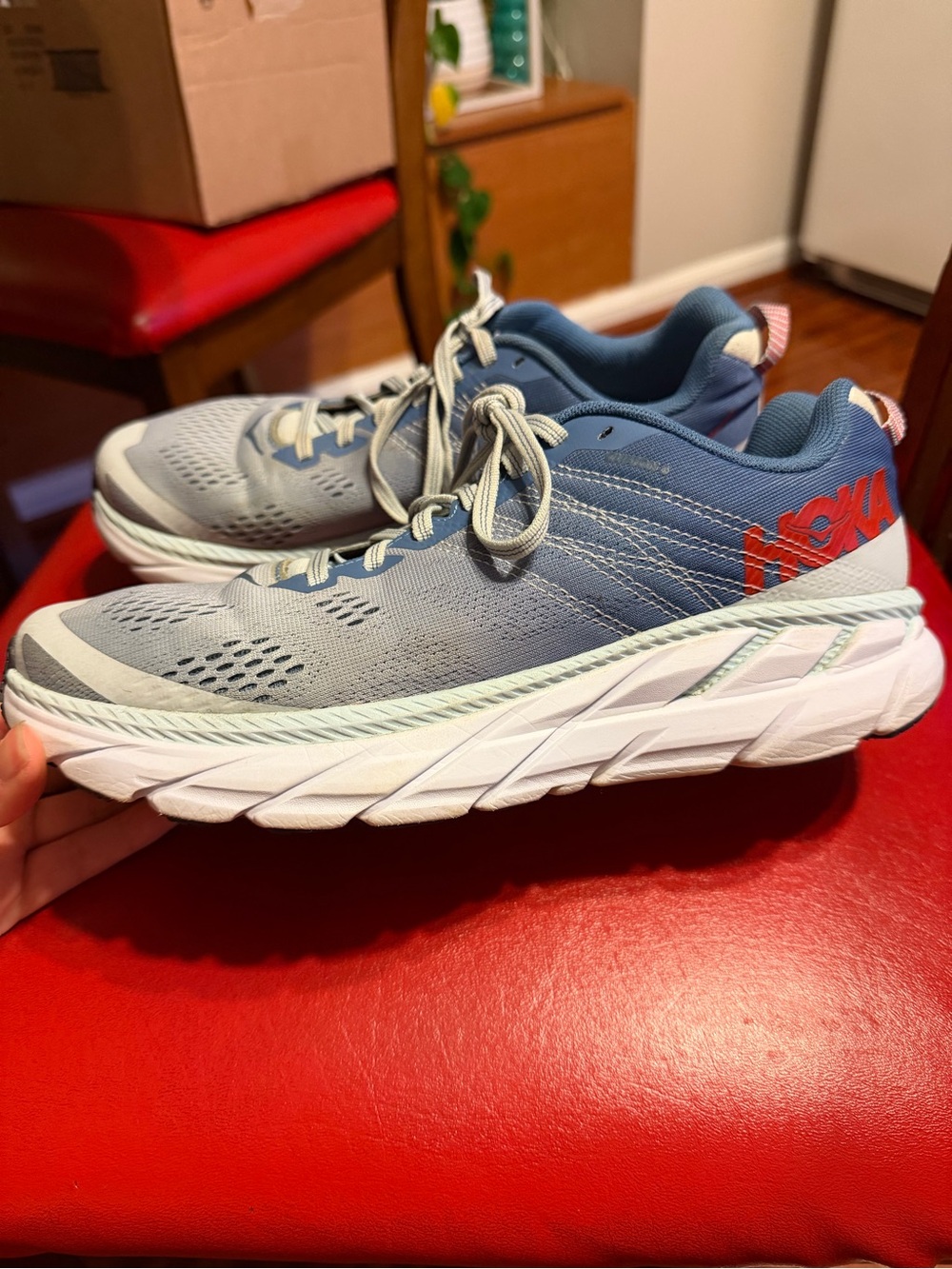Hoka Women’s Clifton 6 blue and Light Gray Cushioned Running Sneakers